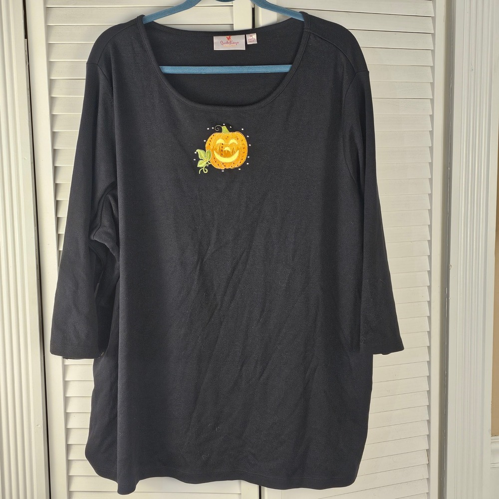 Quacker Factory Black Embroidered Pumpkin 3/4 Sleeve Halloween Shirt Top 3X‎